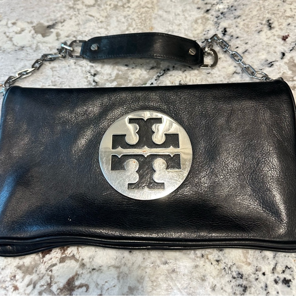 Black Leather Clutch with Silver Logo
